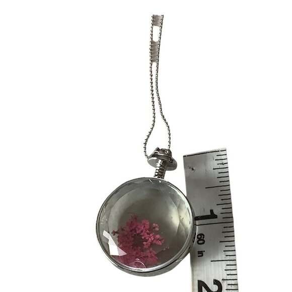 Real Dried Pink Flower Pendant Necklace W/ Clear Resin & White Gold Plated Chain - Picture 4 of 8